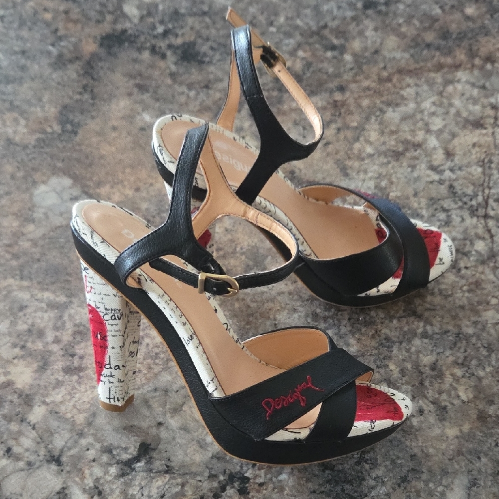 Desigual Size 37 US 6.5 Women's Black and Red Patterned Heels